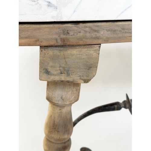 194 - SPANISH CONSOLE TABLE, vintage bleached turned trestles with wrought iron scroll supports and antiqu... 