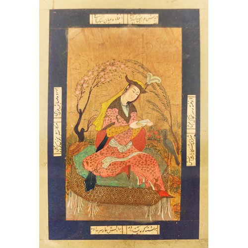 88 - PERSIAN MINIATURE PAINTING, seated woman, calligraphy, album, mounted and framed, 31.5cm x 22cm.