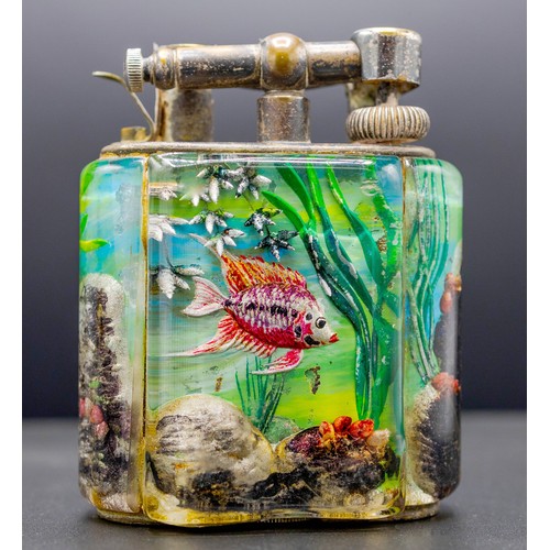 1 - DUNHILL AQUARIUM LIGHTER, perspex with tropical fish diorama and silvered mounts stamped Dunhill, 8c... 