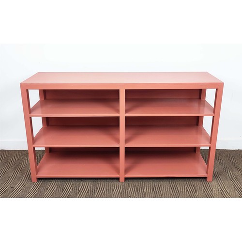 554 - BOOKCASE, contemporary four shelves, pink painted finish, 159.5cm x 45cm x 90.5cm approx.