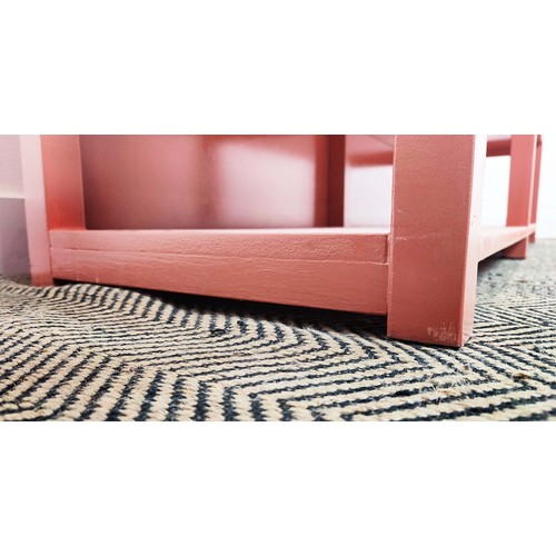 554 - BOOKCASE, contemporary four shelves, pink painted finish, 159.5cm x 45cm x 90.5cm approx.