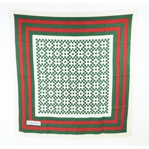 17 - YVES SAINT LAURENT VINTAGE SCARF, made in France, silk, geometric green, red and white pattern with ... 