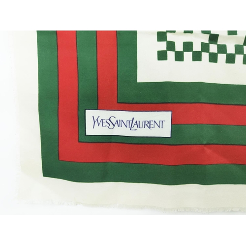 17 - YVES SAINT LAURENT VINTAGE SCARF, made in France, silk, geometric green, red and white pattern with ... 