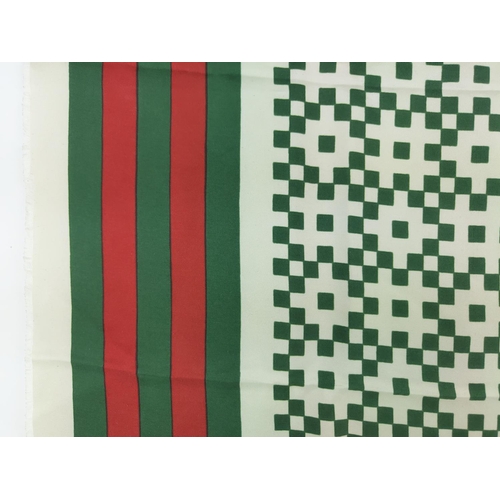 17 - YVES SAINT LAURENT VINTAGE SCARF, made in France, silk, geometric green, red and white pattern with ... 