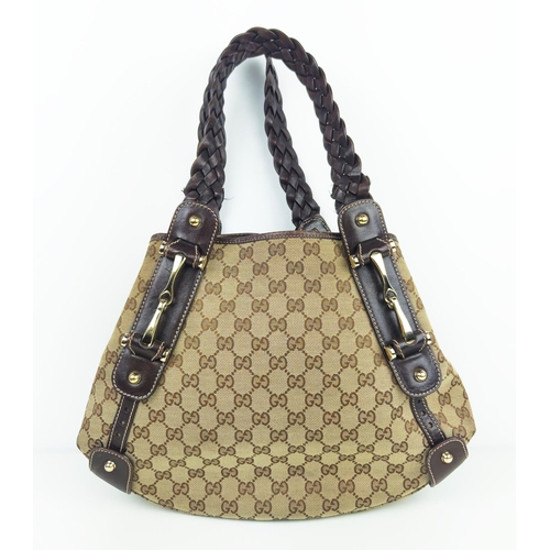 27 - GUCCI HORSEBIT TOTE BAG, monogram GG canvas with two leather braided top handles, fabric interior, s... 