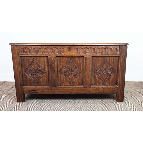 270 - COFFER, 17th century and later oak with a rising lid and carved panelled front, 57cm D x 70cm H x 12... 