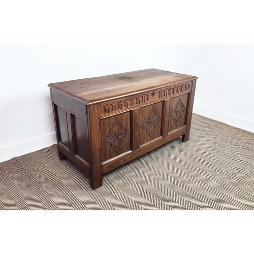 270 - COFFER, 17th century and later oak with a rising lid and carved panelled front, 57cm D x 70cm H x 12... 