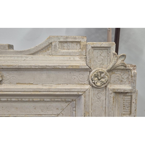 279 - WALL MIRROR, Victorian grey painted with rosette and cruciform cornered frame, 144cm H x 253cm.