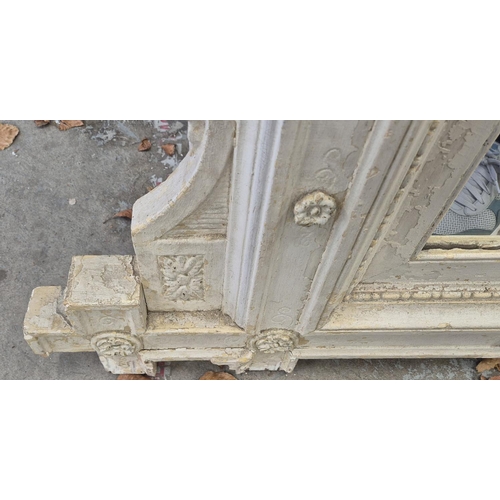 279 - WALL MIRROR, Victorian grey painted with rosette and cruciform cornered frame, 144cm H x 253cm.