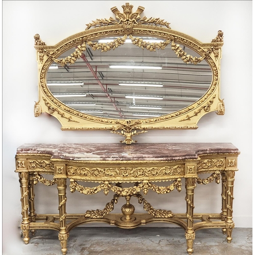 CONSOLE TABLE AND MIRROR, Regency style, gilt painted, stone top. (2)