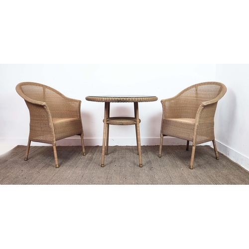 354 - LLOYD LOOM TABLE, 80cm W and two chairs, bears Lloyd Loom plaque.