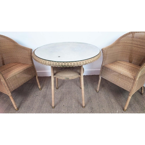 354 - LLOYD LOOM TABLE, 80cm W and two chairs, bears Lloyd Loom plaque.