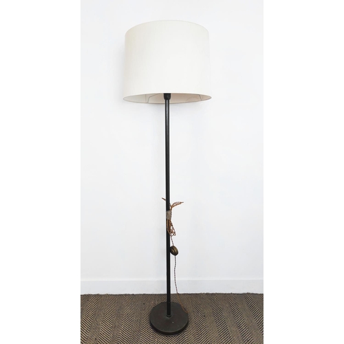 369 - STANDARD LAMP, with a bronzed column and cream shade, 179cm tall overall.