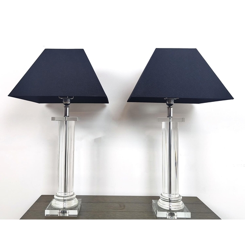 371 - TABLE LAMPS, a pair, glass, with black shades, each 72cm tall overall including shades. (2)