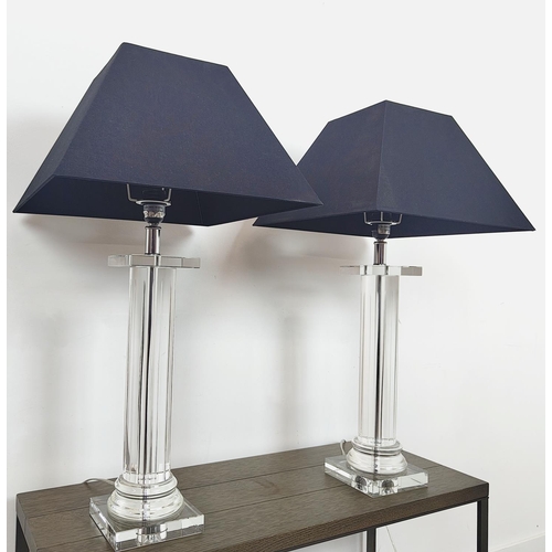 371 - TABLE LAMPS, a pair, glass, with black shades, each 72cm tall overall including shades. (2)