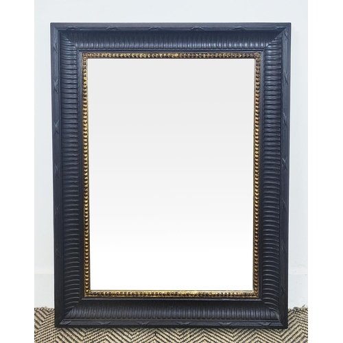 374 - WALL MIRROR, with a black and gilt frame, 68cm W x 90cm H.