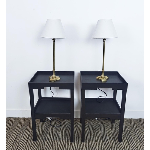 375 - BEDSIDE TABLES, black, a pair, each 46cm W x 36cm D x 72cm H, with a two brass lamps, each 65cm tall... 