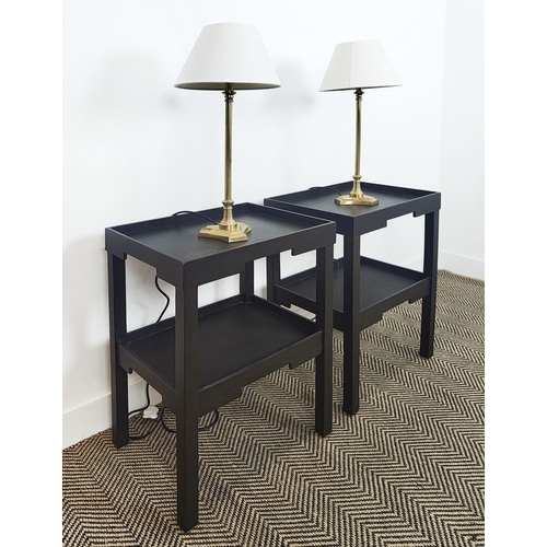 375 - BEDSIDE TABLES, black, a pair, each 46cm W x 36cm D x 72cm H, with a two brass lamps, each 65cm tall... 