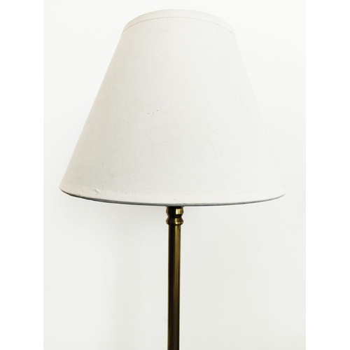 375 - BEDSIDE TABLES, black, a pair, each 46cm W x 36cm D x 72cm H, with a two brass lamps, each 65cm tall... 