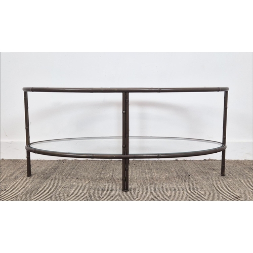 377 - OVAL COFFEE TABLE. reputedly by Nina Campbell, faux bamboo style metal frame, 100cm L x 46cm H.