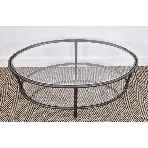 377 - OVAL COFFEE TABLE. reputedly by Nina Campbell, faux bamboo style metal frame, 100cm L x 46cm H.