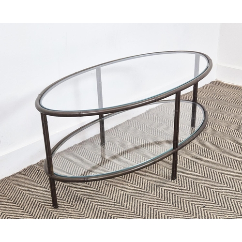 377 - OVAL COFFEE TABLE. reputedly by Nina Campbell, faux bamboo style metal frame, 100cm L x 46cm H.