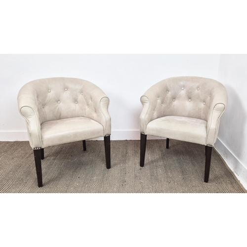 381 - TUB CHAIRS, a pair, in leather with button backs and studded detail, each 72cm wide. (2)