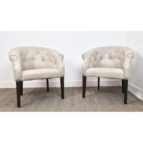 381 - TUB CHAIRS, a pair, in leather with button backs and studded detail, each 72cm wide. (2)