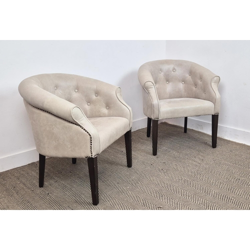 381 - TUB CHAIRS, a pair, in leather with button backs and studded detail, each 72cm wide. (2)