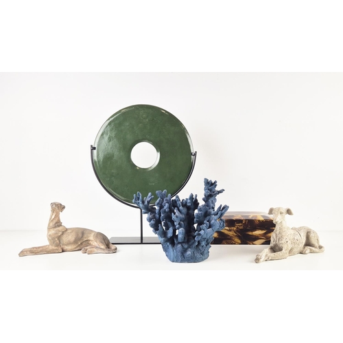 382 - TABLESCAPES, comprising blue faux coral, 27cm H, a green circle on stand, 53cm H, a bone box, 27cm W... 