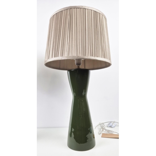 422 - TABLE LAMPS, a pair, glazed green ceramic, with shades, 66cm H approx. (2)