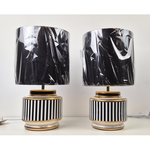 423 - TABLE LAMPS, a pair, striped glazed ceramic, with shades, 46.5cm H approx. (2)