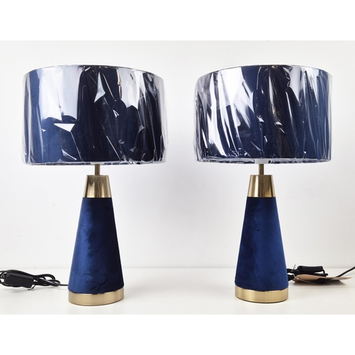 424 - TABLE LAMPS, a pair, blue velvet upholstered and gilt, with shades, 49cm H approx. (2)