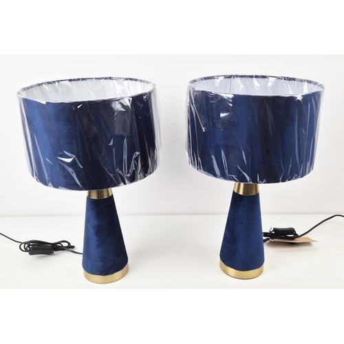 424 - TABLE LAMPS, a pair, blue velvet upholstered and gilt, with shades, 49cm H approx. (2)