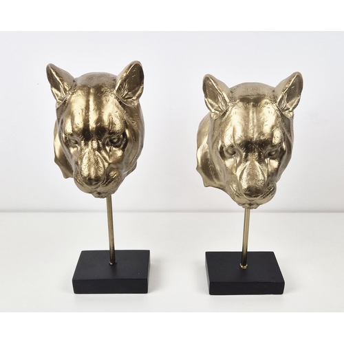 427 - SCULPTURAL PANTHA HEADS, a pair, on stands, 38.5cm H approx. (2)