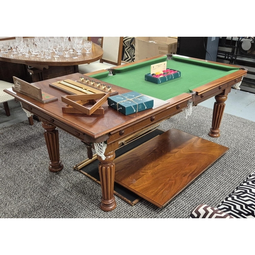 459 - SNOOKER DINING TABLE, mahogany, scoreboard and cues, etc, 112cm W x 202cm L x 79cm H.