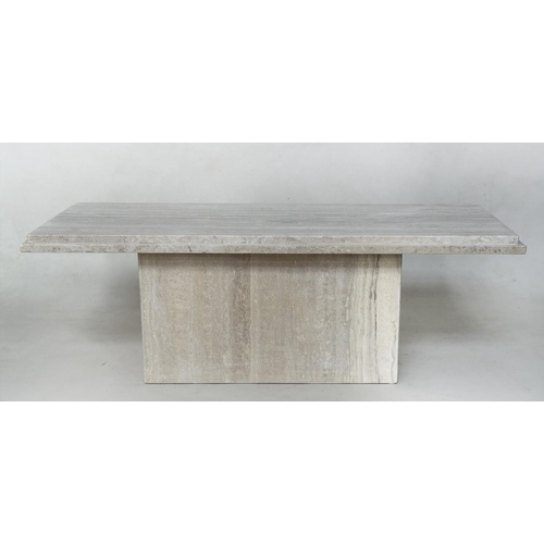 466 - TRAVERTINE LOW TABLE, travertine marble, rectangular on plinth support, 109cm x 43cm x 37cm H.