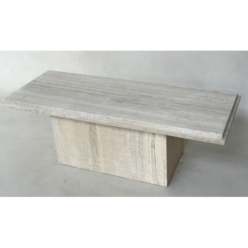 466 - TRAVERTINE LOW TABLE, travertine marble, rectangular on plinth support, 109cm x 43cm x 37cm H.