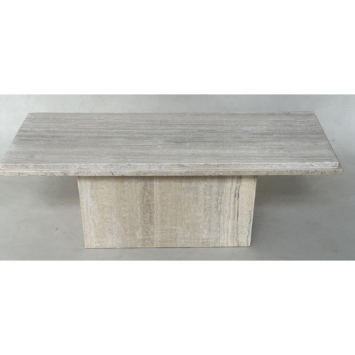 466 - TRAVERTINE LOW TABLE, travertine marble, rectangular on plinth support, 109cm x 43cm x 37cm H.