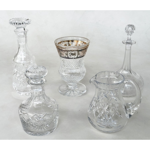 480 - GLASSWARE DECANTERS, three cut glass decanters, with a cut glass water jug, and a Bohemian two colou... 