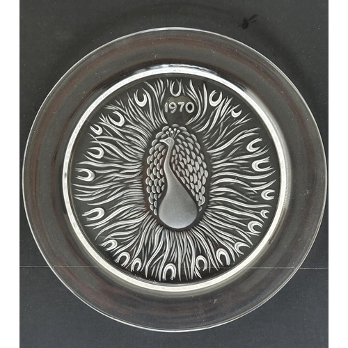 482 - LALIQUE YEAR PLATES, crystal lalique Paris, annual plate 1970 'peacock' and 1969 'papillon', in orig... 