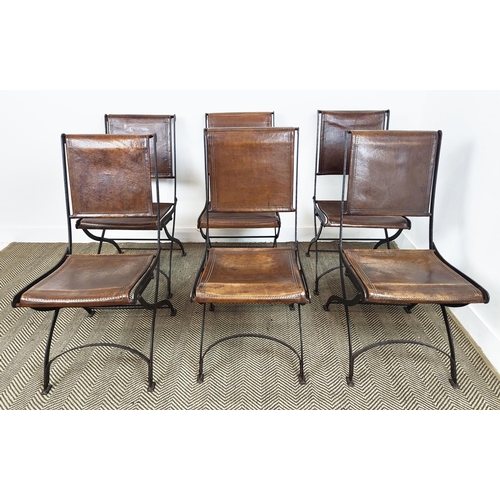 489 - DINING CHAIRS, a set of six, mid century Italian stitched tan leather with folding iron bases, 95cm ... 