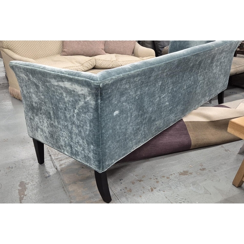 520 - SOFA, with turquoise velvet upholstery, on black tapered supports, 76cm H x 210cm x 77cm.