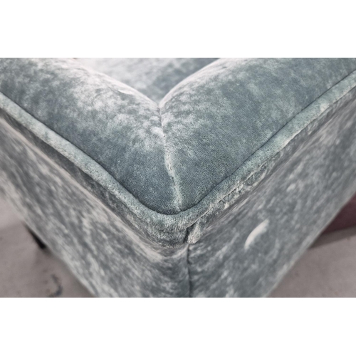 520 - SOFA, with turquoise velvet upholstery, on black tapered supports, 76cm H x 210cm x 77cm.