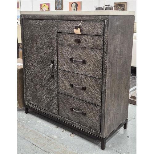 521 - ANDREW MARTIN EMERSON CABINET, dark oak veneer with faux stone top over cupboard door and five drawe... 