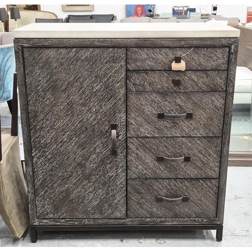 521 - ANDREW MARTIN EMERSON CABINET, dark oak veneer with faux stone top over cupboard door and five drawe... 