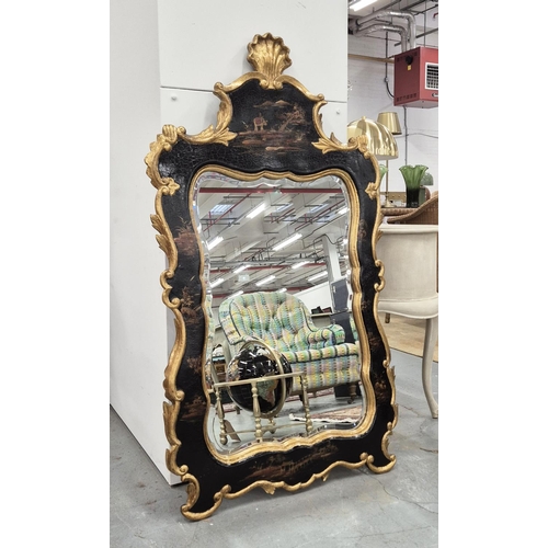 522 - CHINOISERIE MIRROR, 18th century Rococo style, in black and gilt decoration, 127cm H x 70cm W.