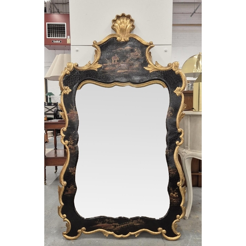 522 - CHINOISERIE MIRROR, 18th century Rococo style, in black and gilt decoration, 127cm H x 70cm W.