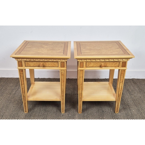 527 - LINLEY SIDE TABLES, a pair, with frieze drawer, each 50cm x 50cm x 61cm H, stamped Linley. (2)