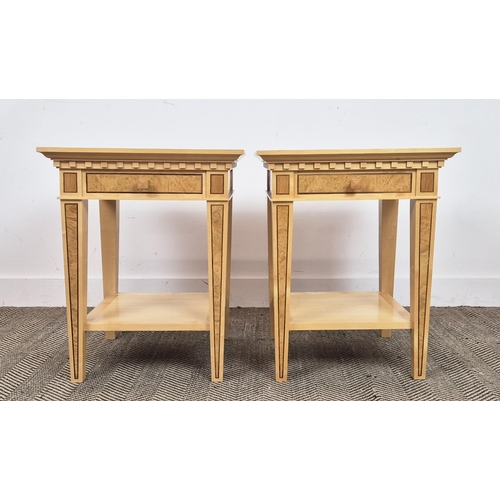 527 - LINLEY SIDE TABLES, a pair, with frieze drawer, each 50cm x 50cm x 61cm H, stamped Linley. (2)